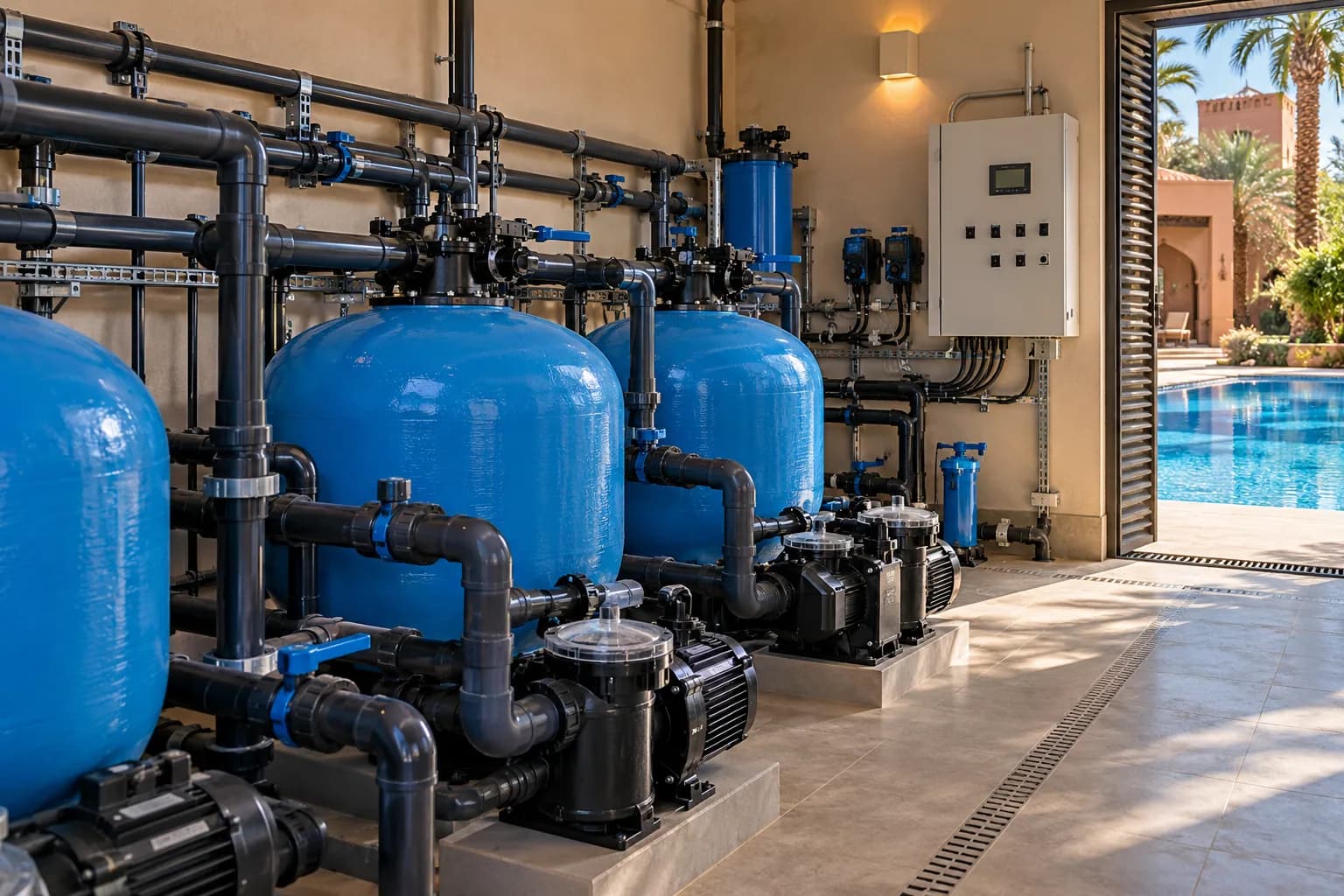 Local technique piscine avec filtration et automatisation