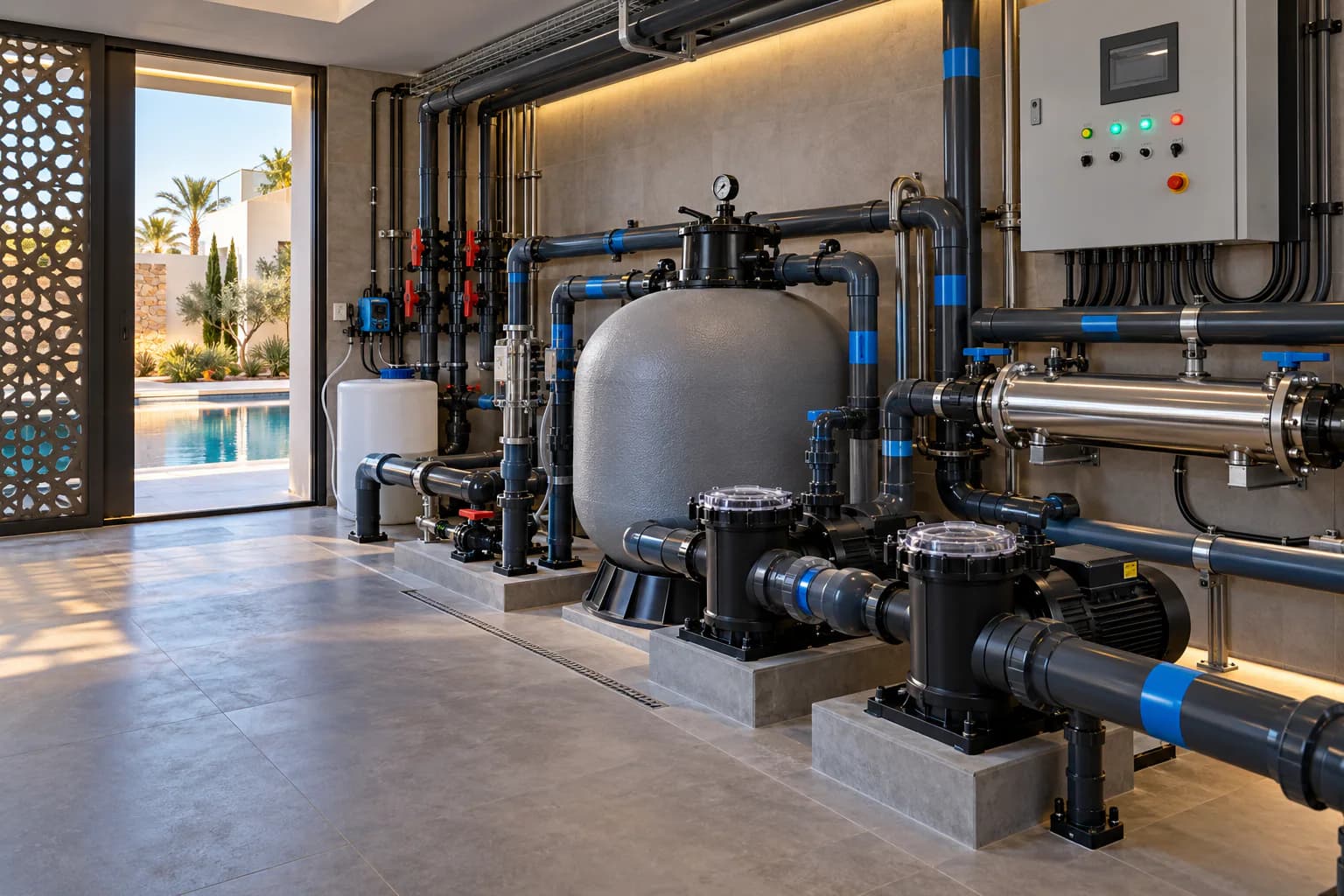 Local technique de piscine avec filtration et pompes